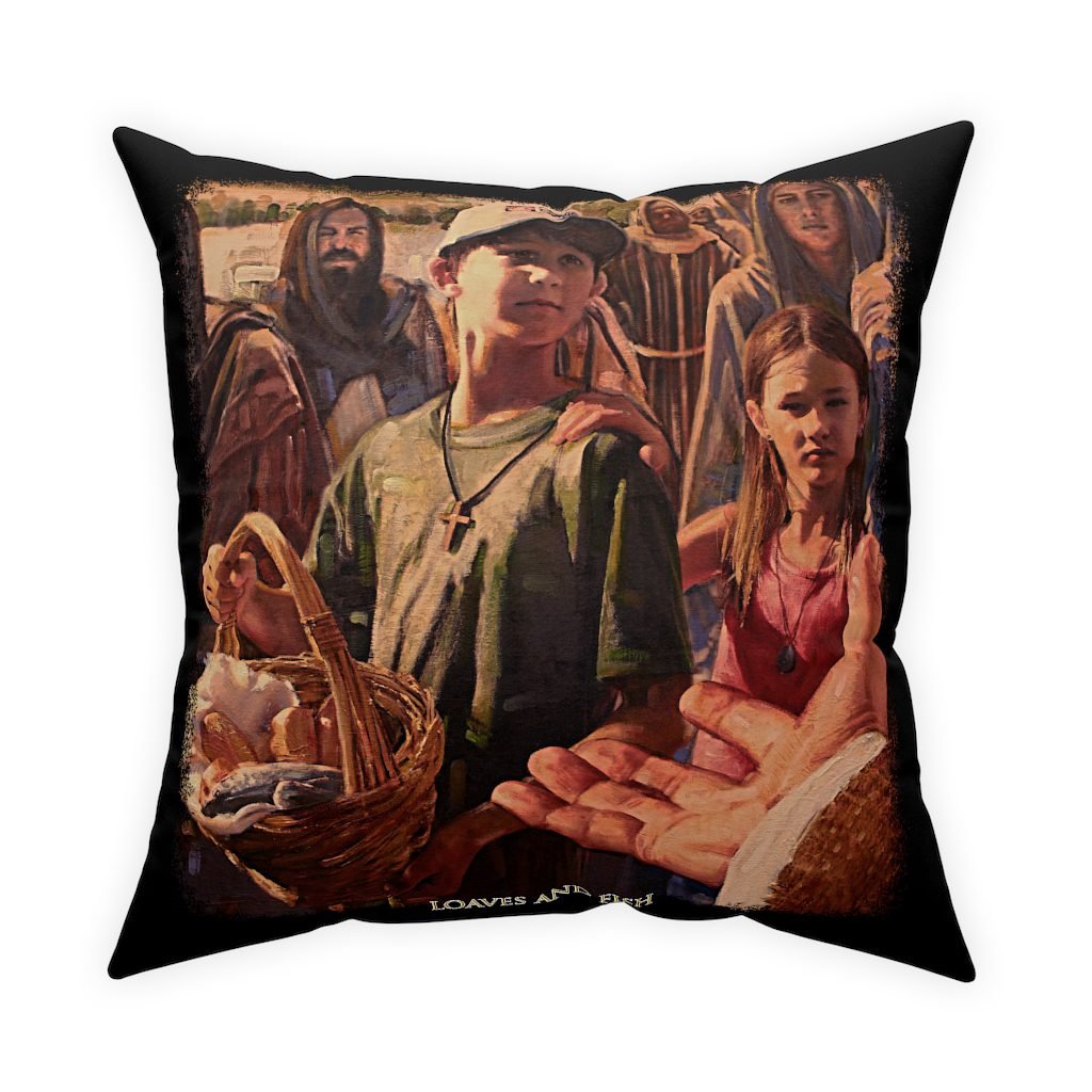 Loaves And Fish by Ron DiCianni – Black Broadcloth Pillow